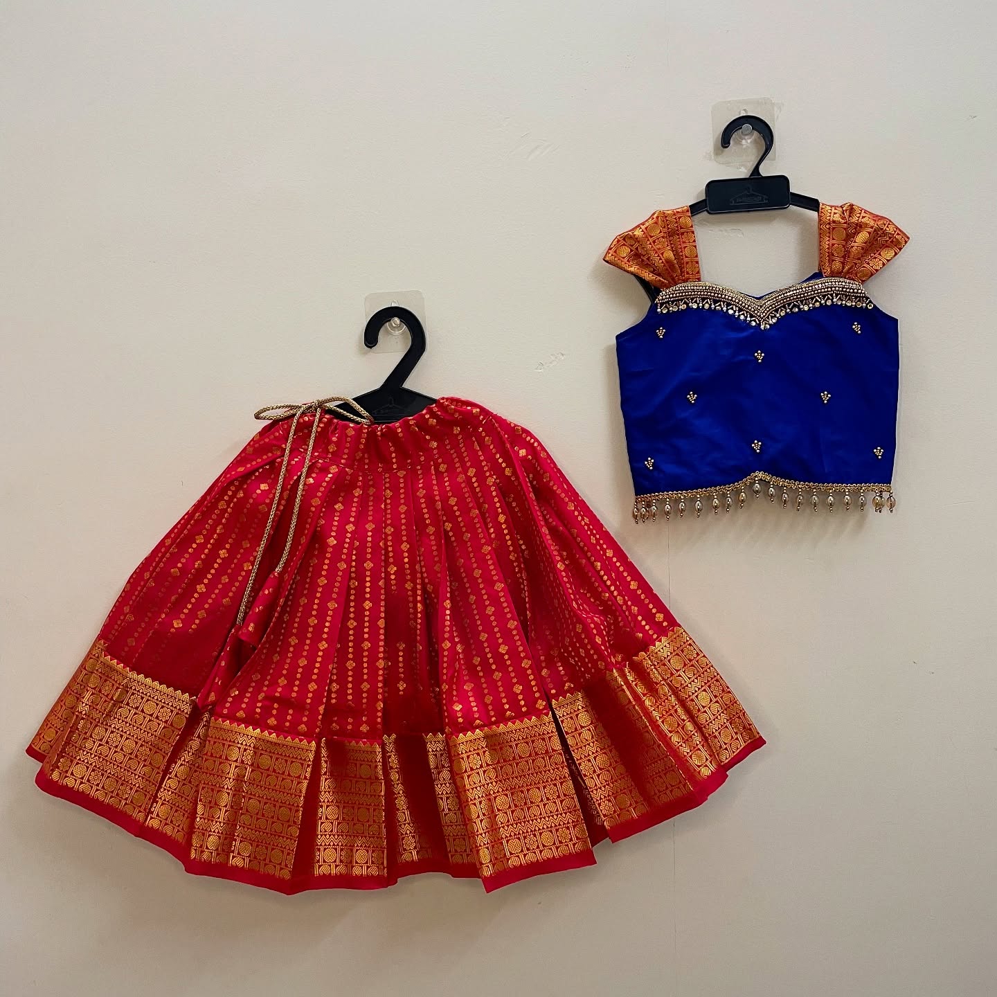 Red and Blue - Traditional Kanchipattu Paavadai and Sattai