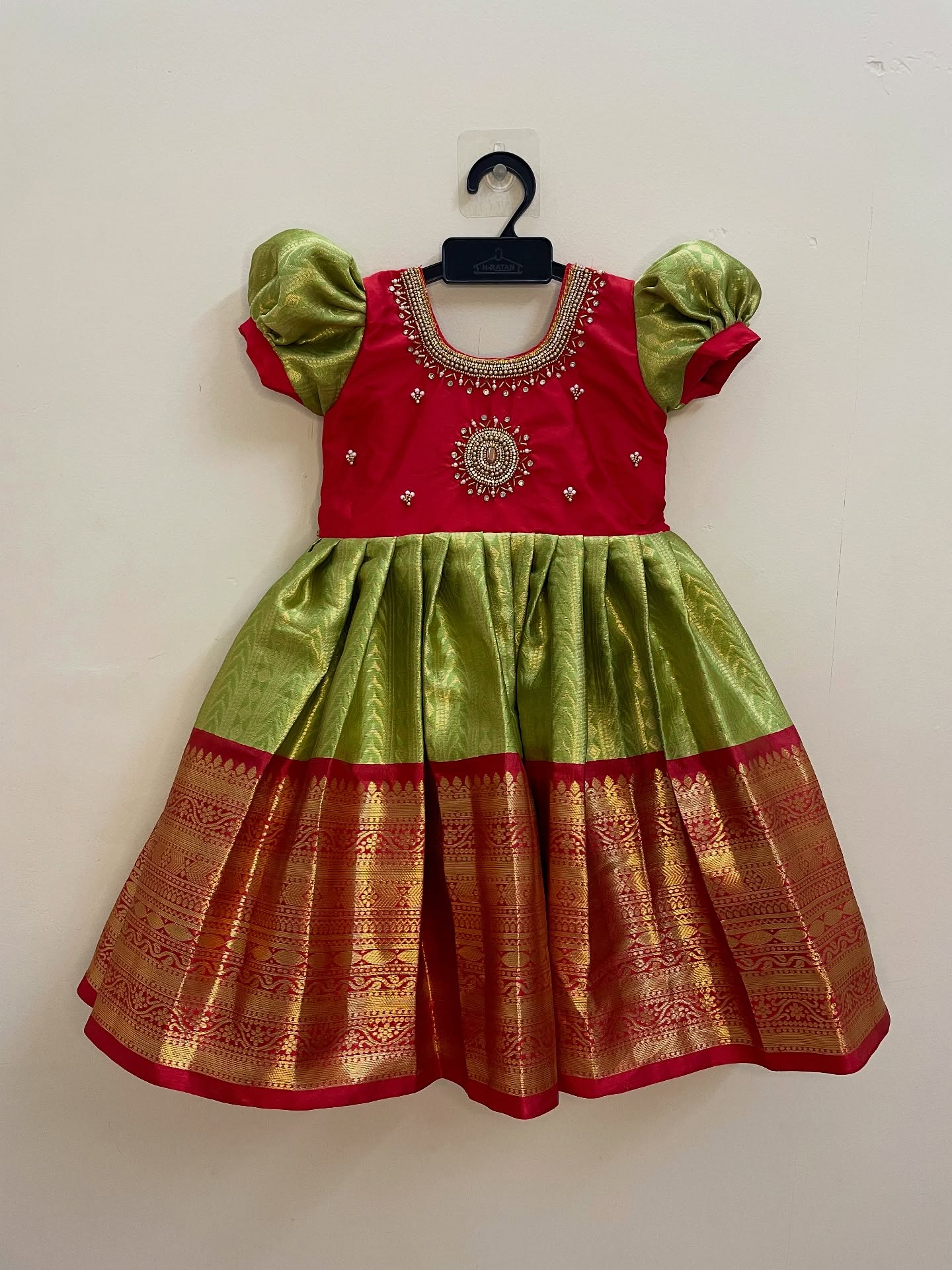 Green and Red - Traditional pattu frock adorned with delicate aariwork design