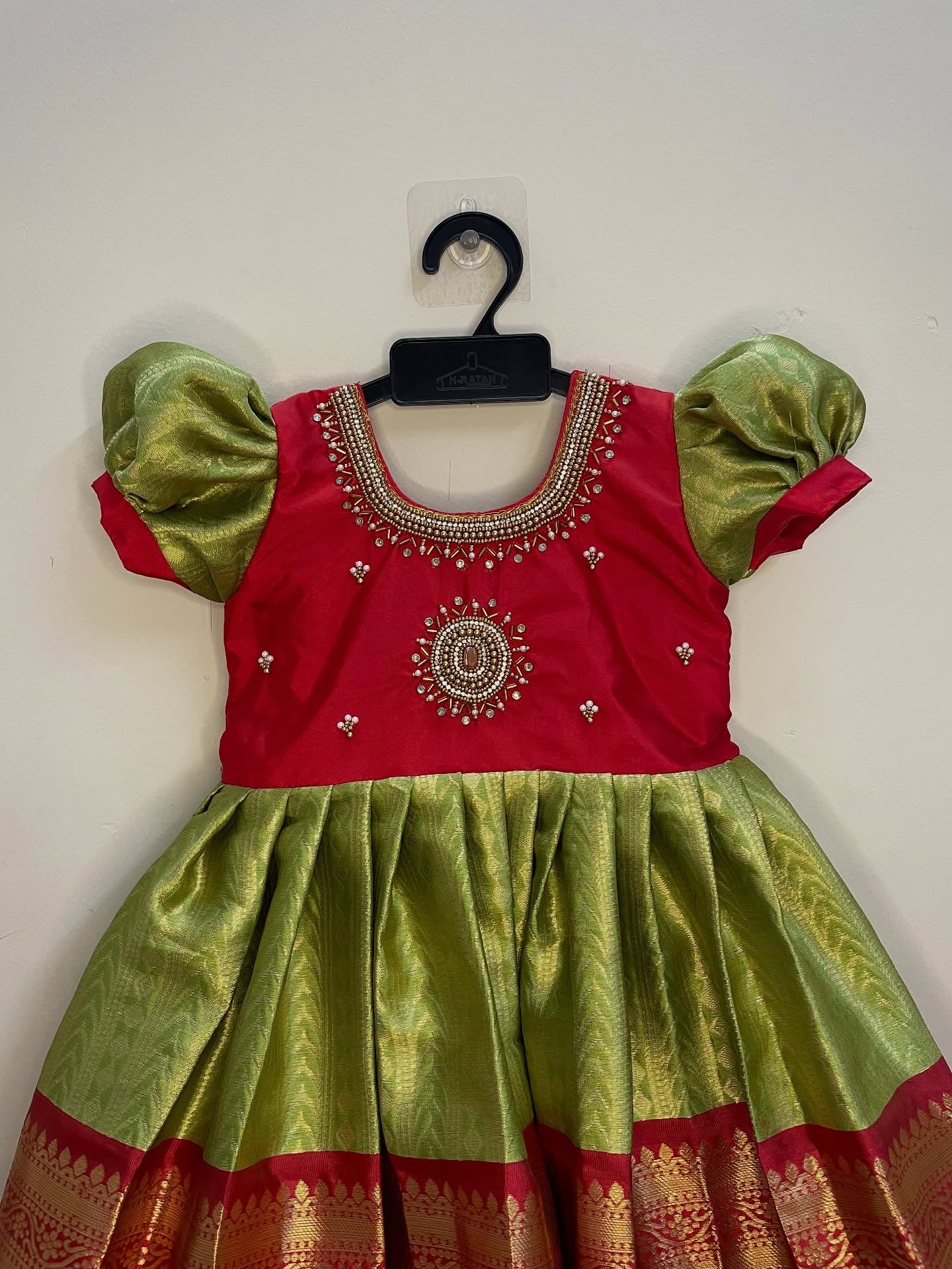 Green and Red - Traditional pattu frock adorned with delicate aariwork design