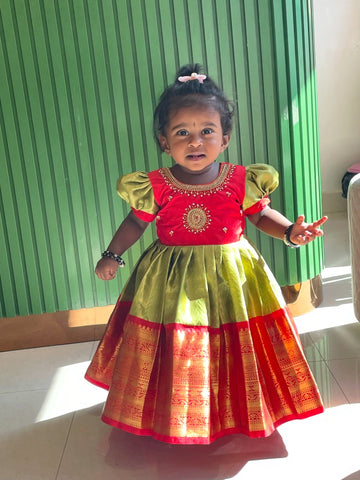 Green and Red - Traditional pattu frock adorned with delicate aariwork design