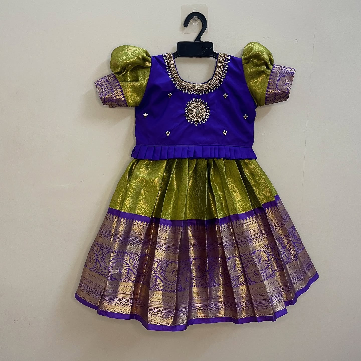 Light Green and Purple Aariwork Premium Semi Kanchipattu Paavadai and Sattai