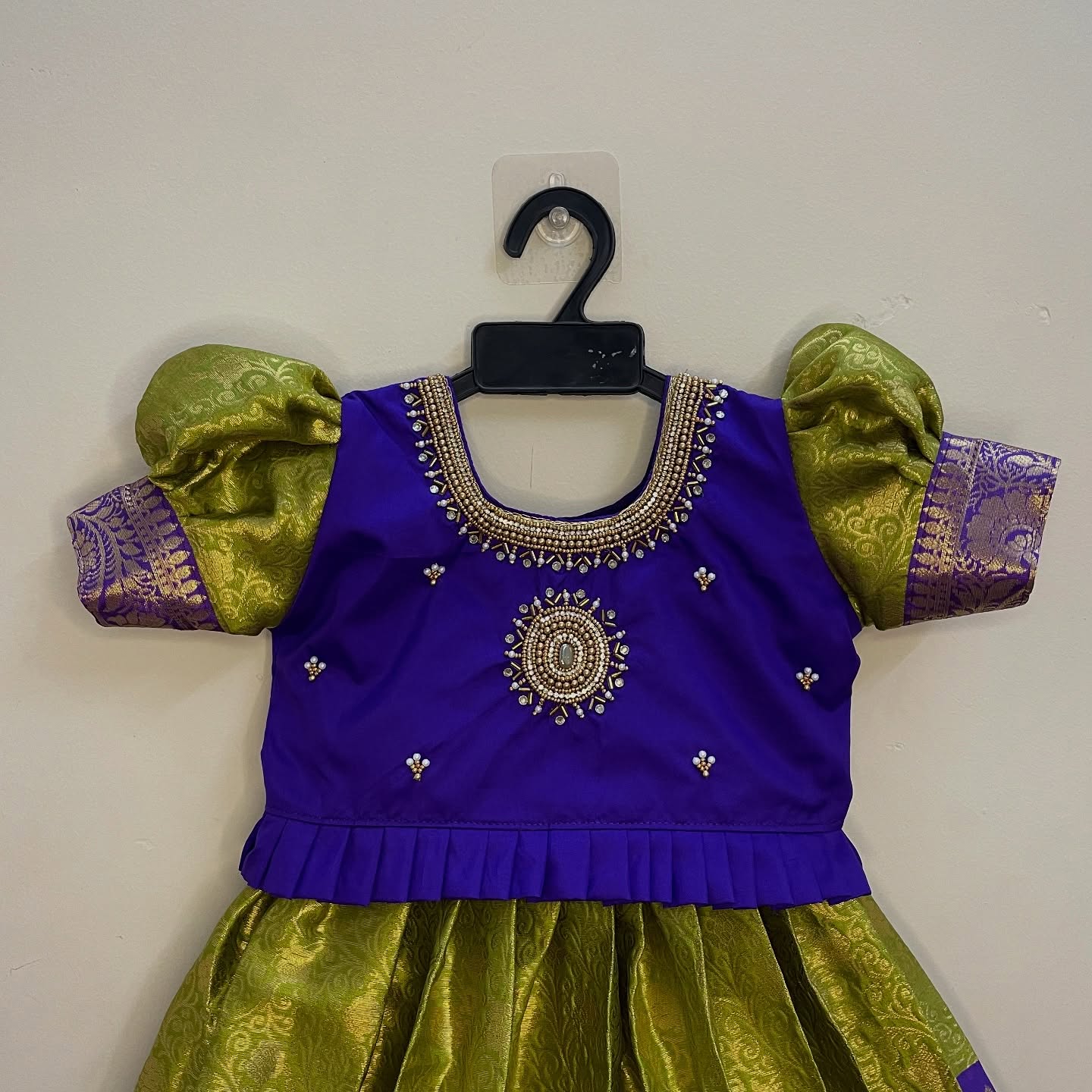 Light Green and Purple Aariwork Premium Semi Kanchipattu Paavadai and Sattai