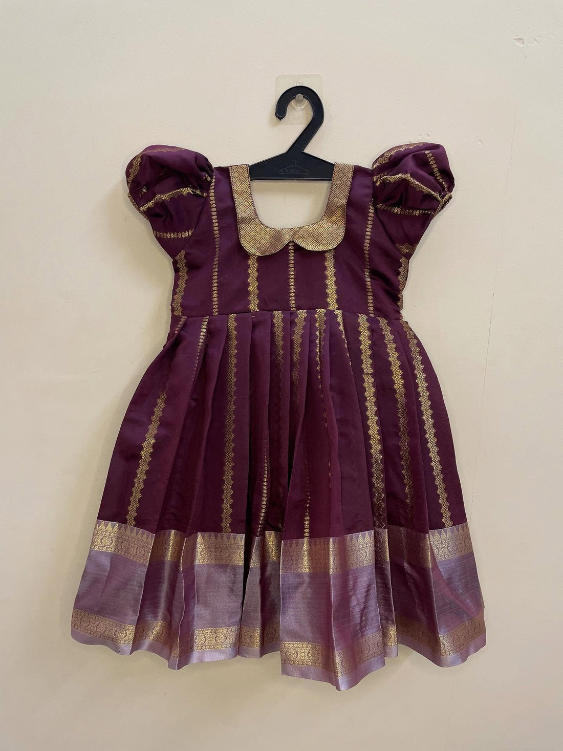 Dark Maroon - Silk frock featuring a Peter Pan collar