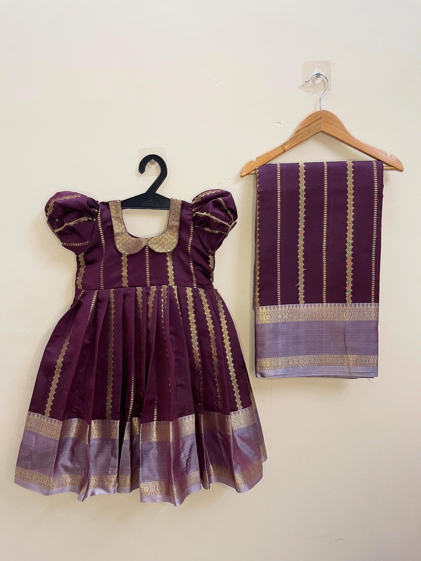 Dark Purple and Lilac Border Semi Banarasi Silk – Mom and Daughter Combo