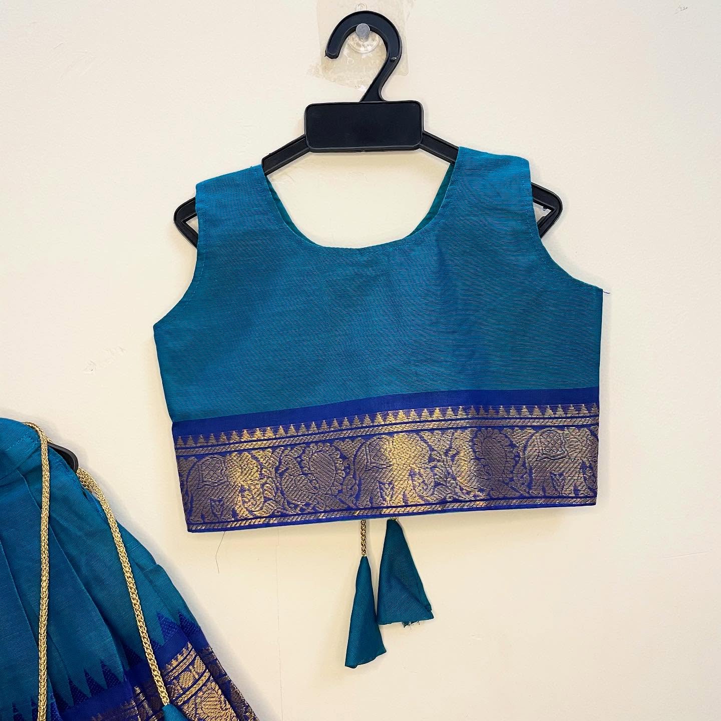 Light Blue and Navy Blue Authentic Kanchi cotton Paavadai Sattai with traditional zari border