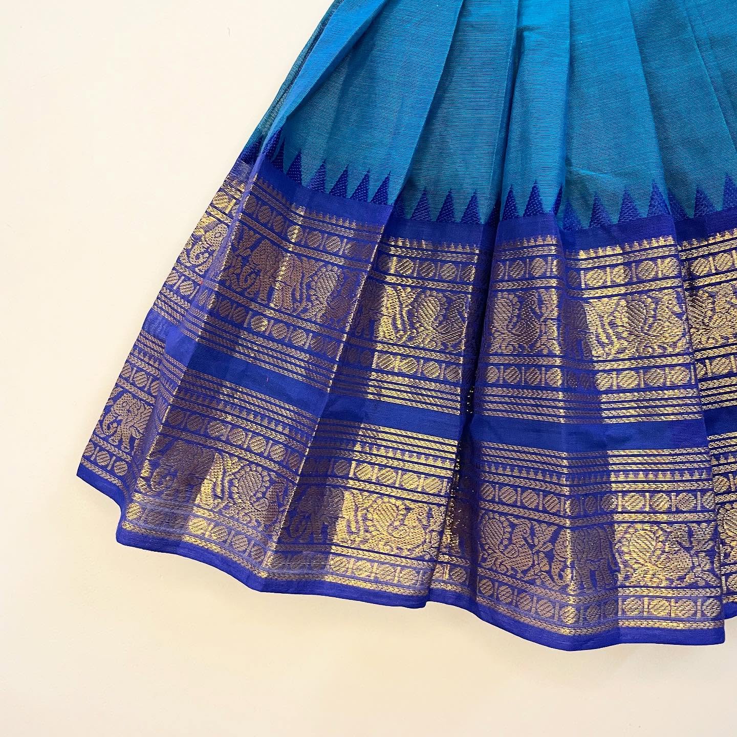 Light Blue and Navy Blue Authentic Kanchi cotton Paavadai Sattai with traditional zari border