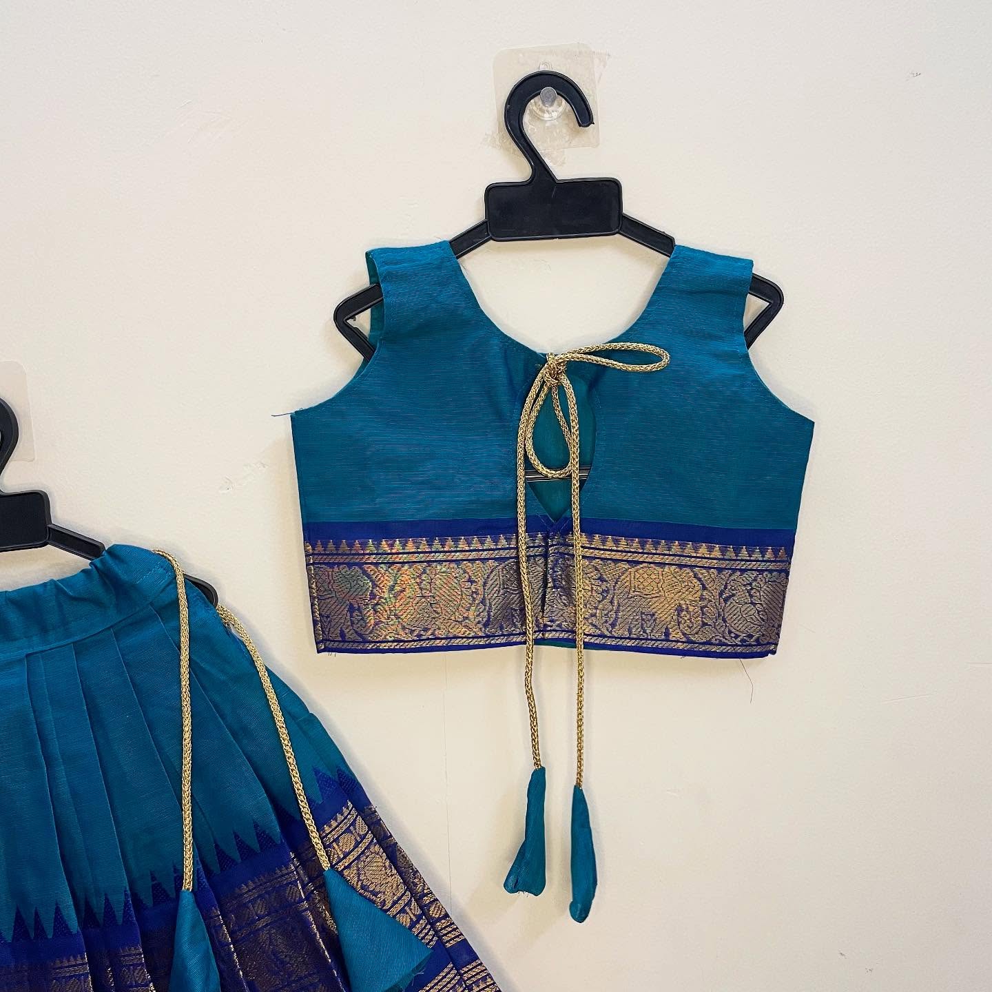 Light Blue and Navy Blue Authentic Kanchi cotton Paavadai Sattai with traditional zari border