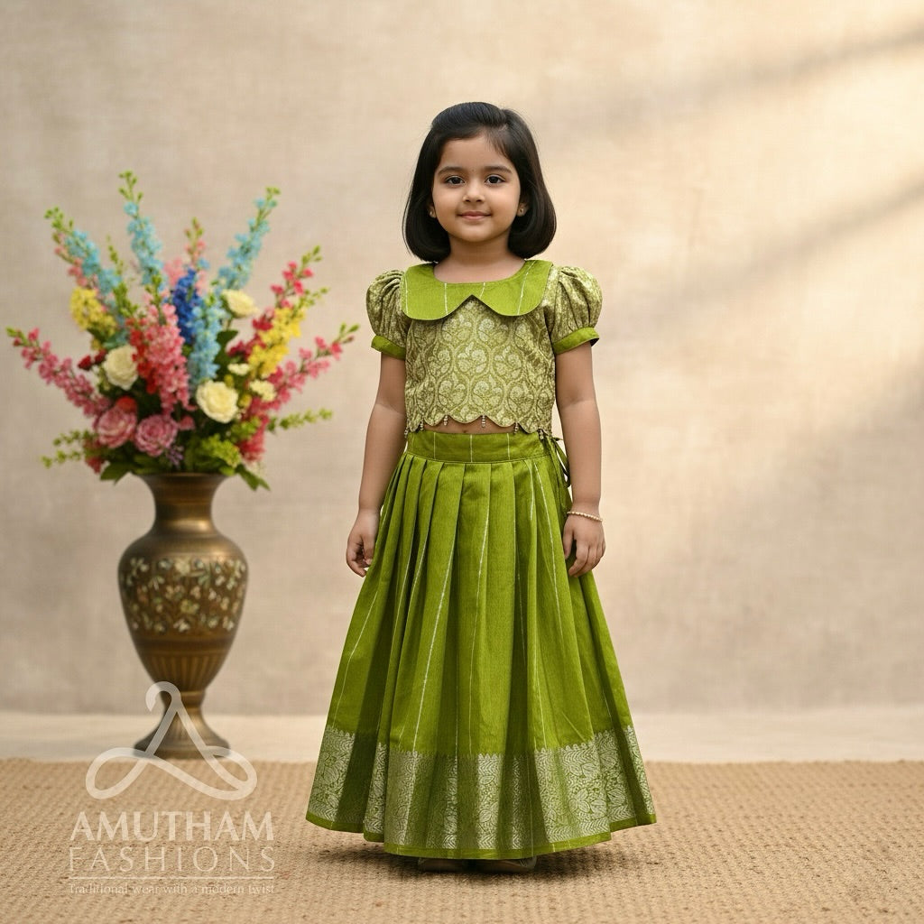 Royal festive look with this exquisite Olive Green Pattu Paavadai Sattai