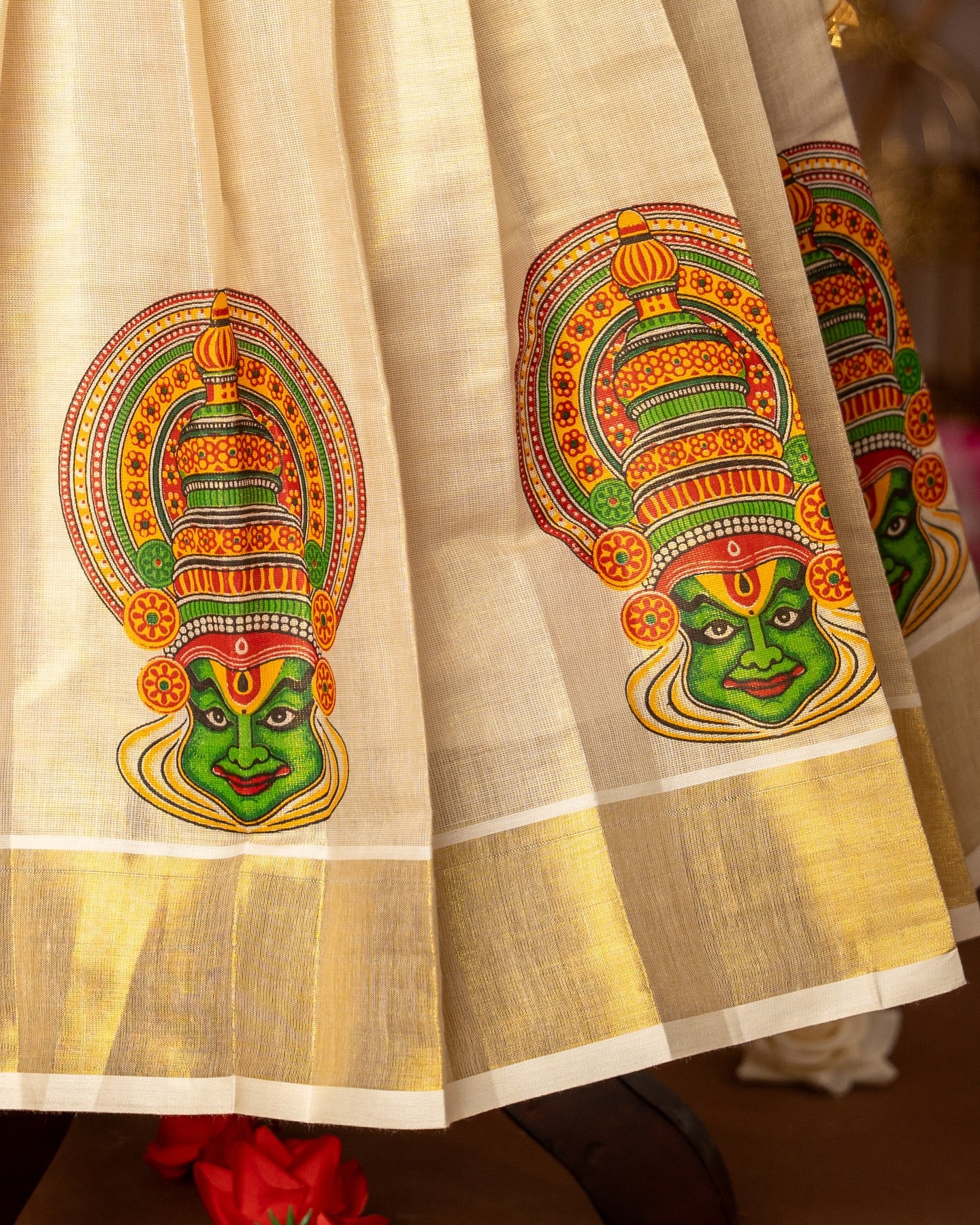 Black Ajrakh Halter Neck Top and Traditional Kathakali Motif Kasavu Skirt – Minmini Onam Collections