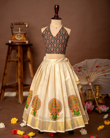 Black Ajrakh Halter Neck Top and Traditional Kathakali Motif Kasavu Skirt – Minmini Onam Collections