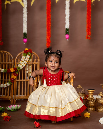 Red and Traditional Kasavu tie-up Frock – Minmini Onam Collections