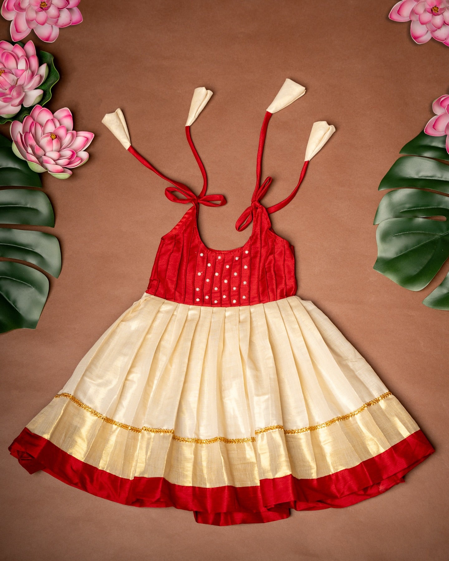 Red and Traditional Kasavu tie-up Frock – Minmini Onam Collections