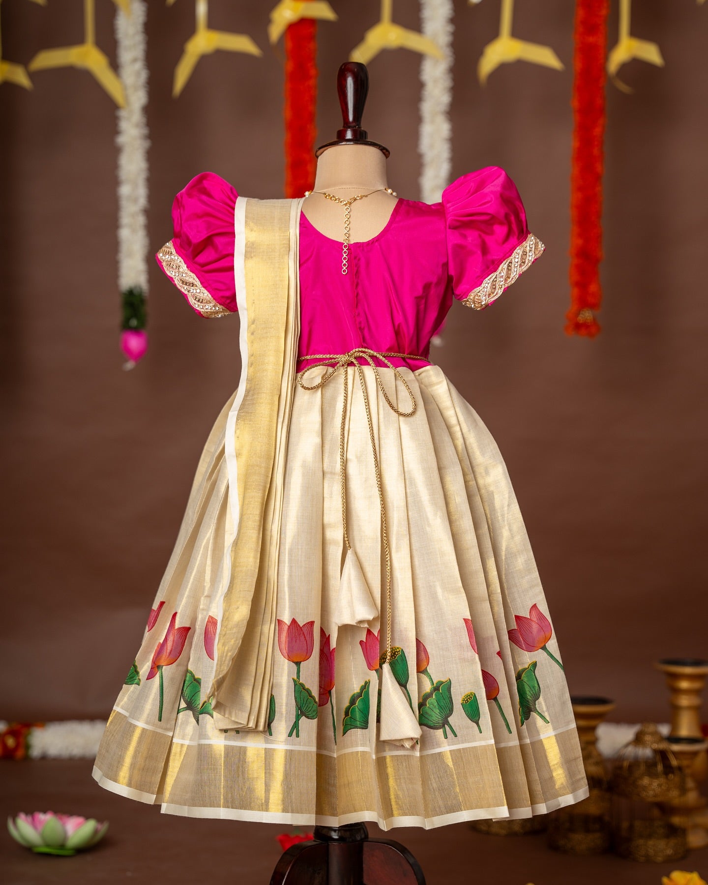 Pink Color and Traditional Lotus Motif Kasavu Frock with attached Duppatta – Minmini Onam Collections