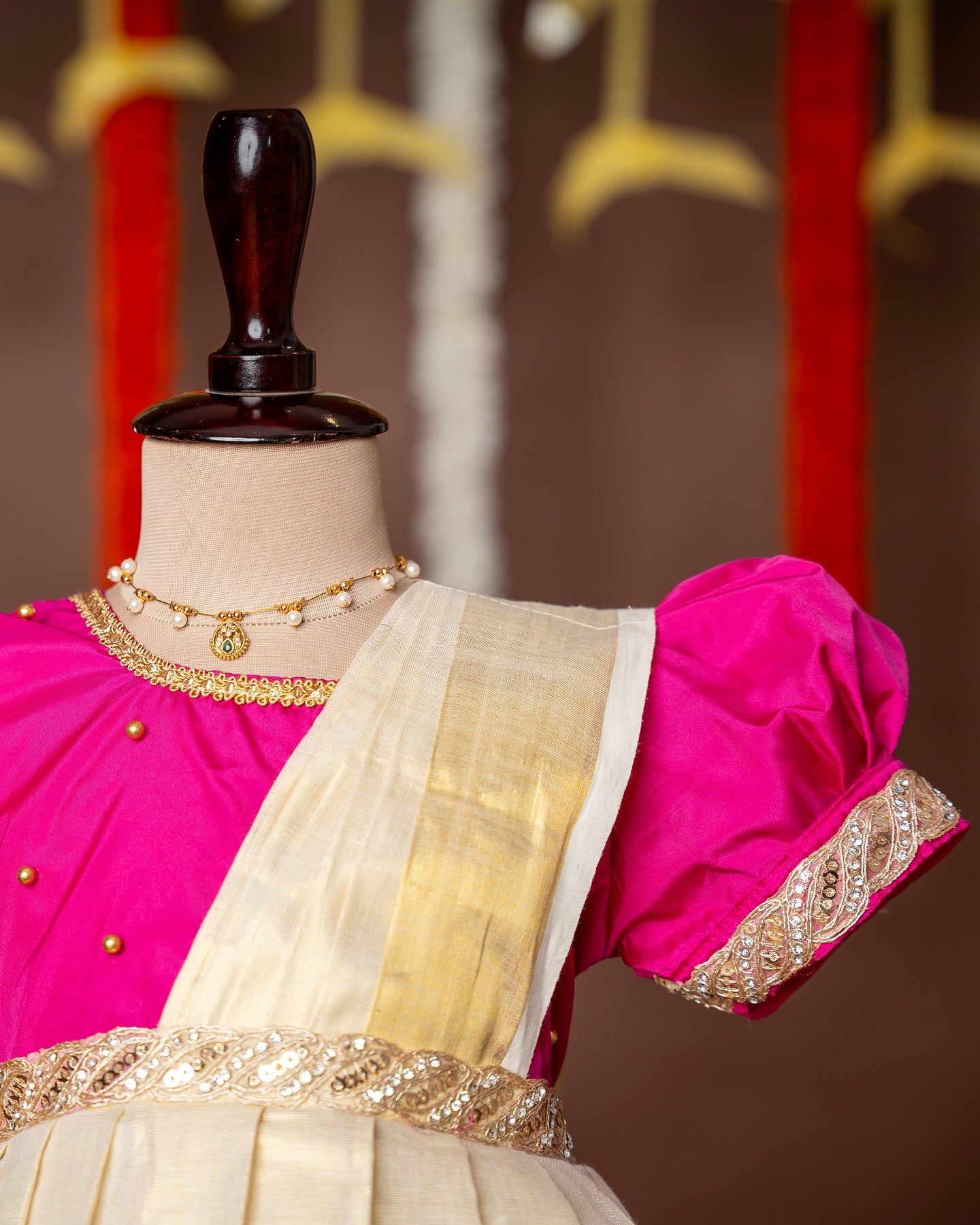 Pink Color and Traditional Lotus Motif Kasavu Frock with attached Duppatta – Minmini Onam Collections