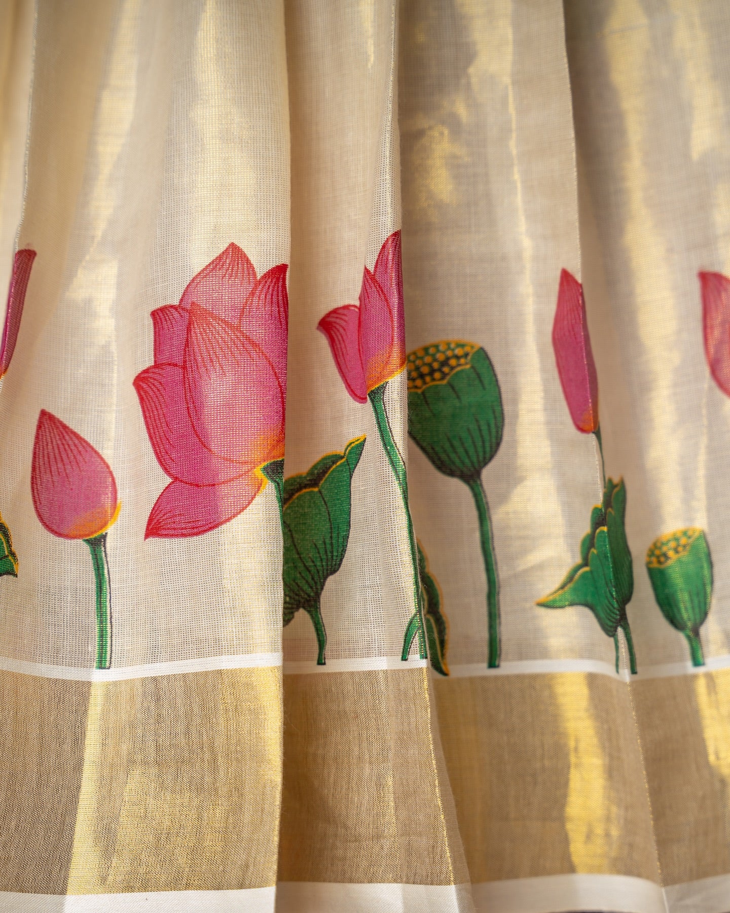 Pink Color and Traditional Lotus Motif Kasavu Frock with attached Duppatta – Minmini Onam Collections