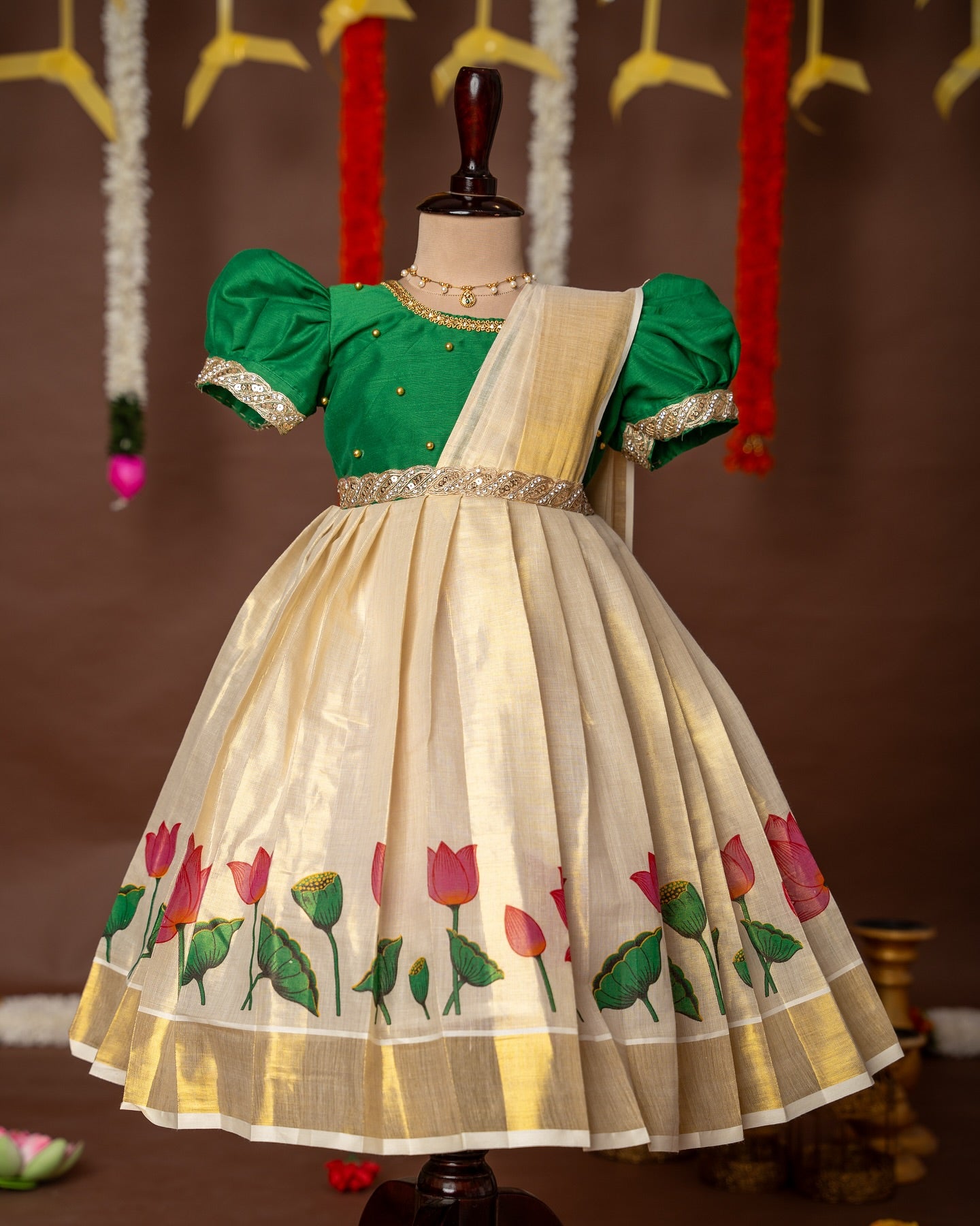 Green Color and Traditional Lotus Motif Kasavu Frock with attached Duppatta – Minmini Onam Collections