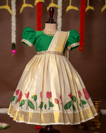 Green Color and Traditional Lotus Motif Kasavu Frock with attached Duppatta – Minmini Onam Collections