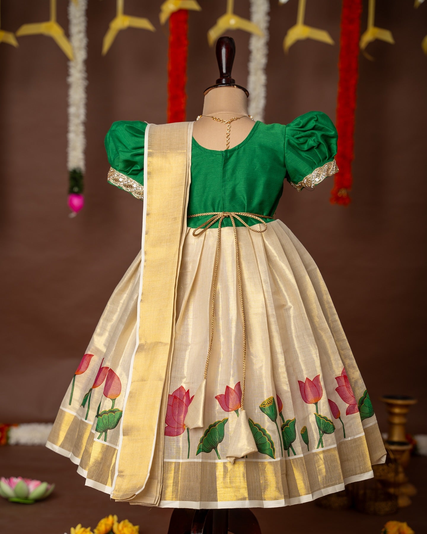 Green Color and Traditional Lotus Motif Kasavu Frock with attached Duppatta – Minmini Onam Collections
