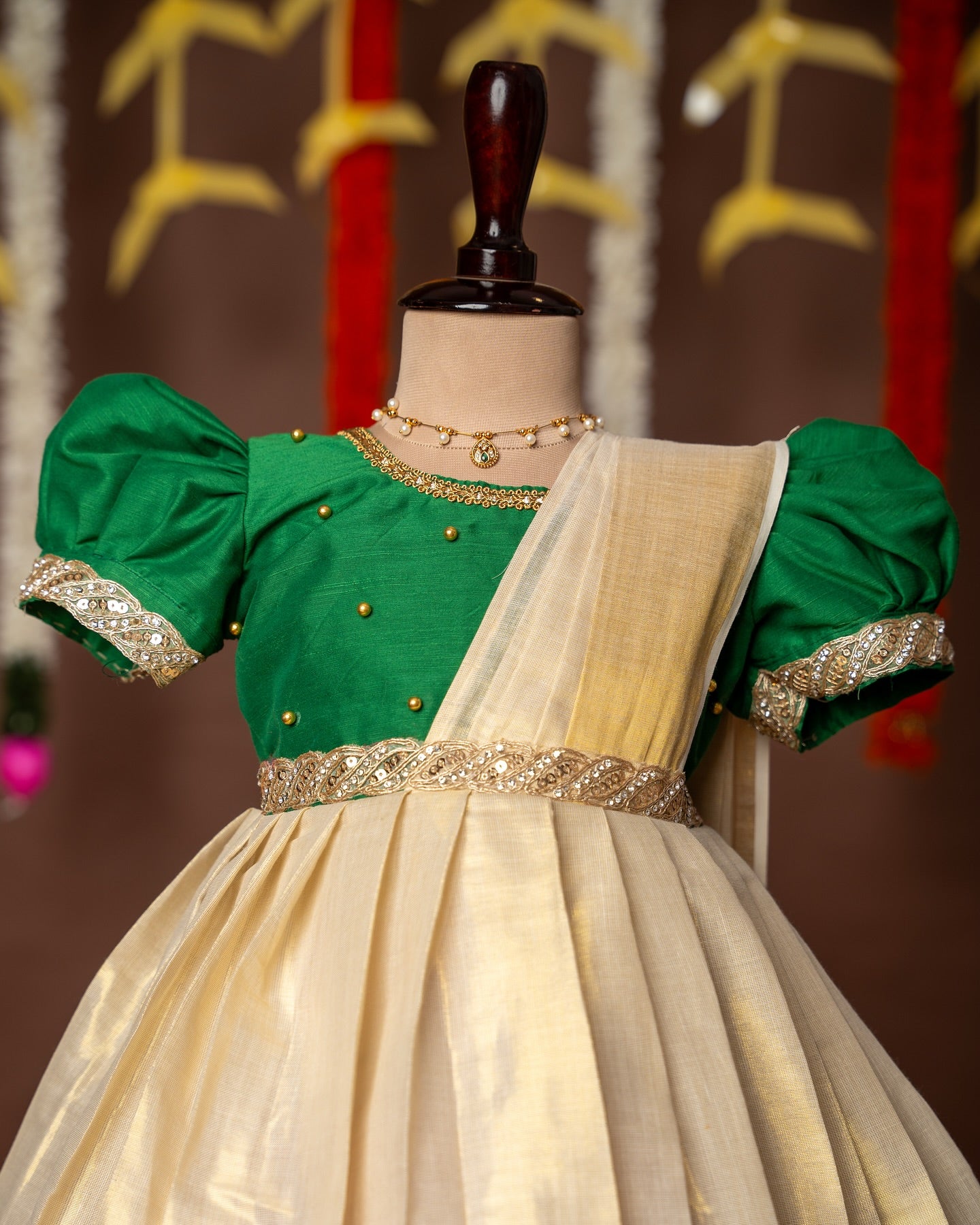 Green Color and Traditional Lotus Motif Kasavu Frock with attached Duppatta – Minmini Onam Collections