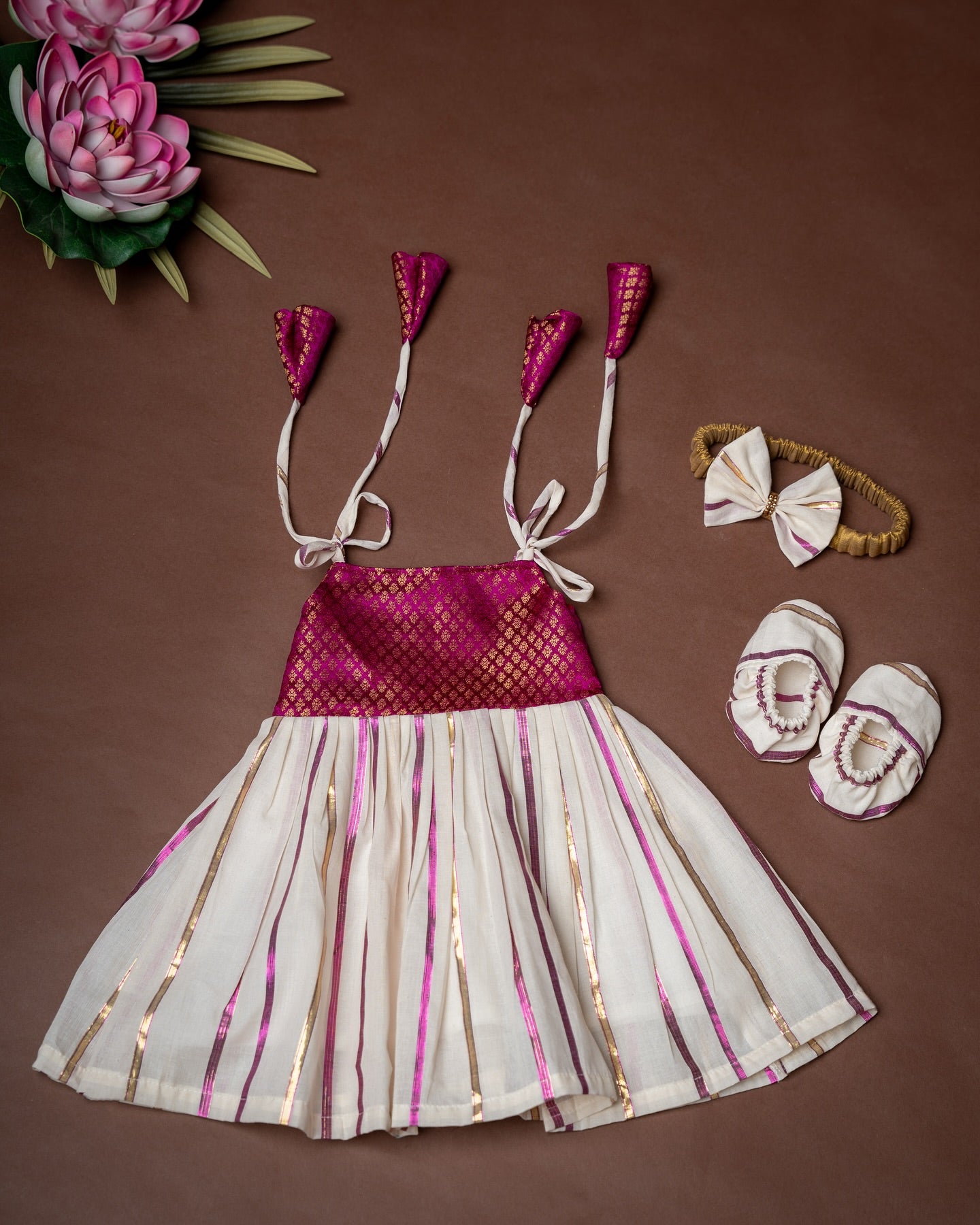 Traditional Noolukettu Kerala Frock Combo Set- Magenta Pink
