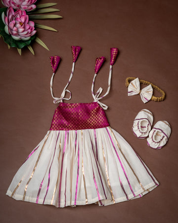 Traditional Noolukettu Kerala Frock Combo Set- Magenta Pink