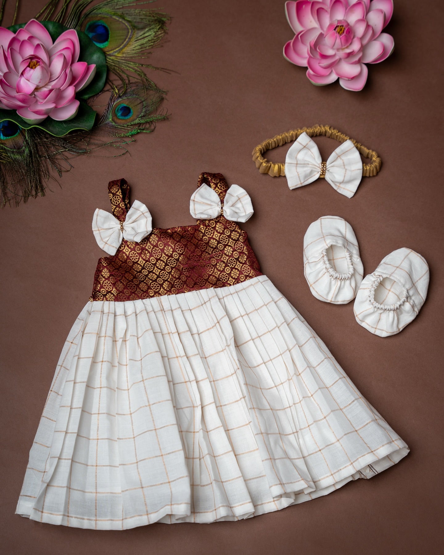 Traditional Noolukettu Kerala Frock Combo Set- Brown