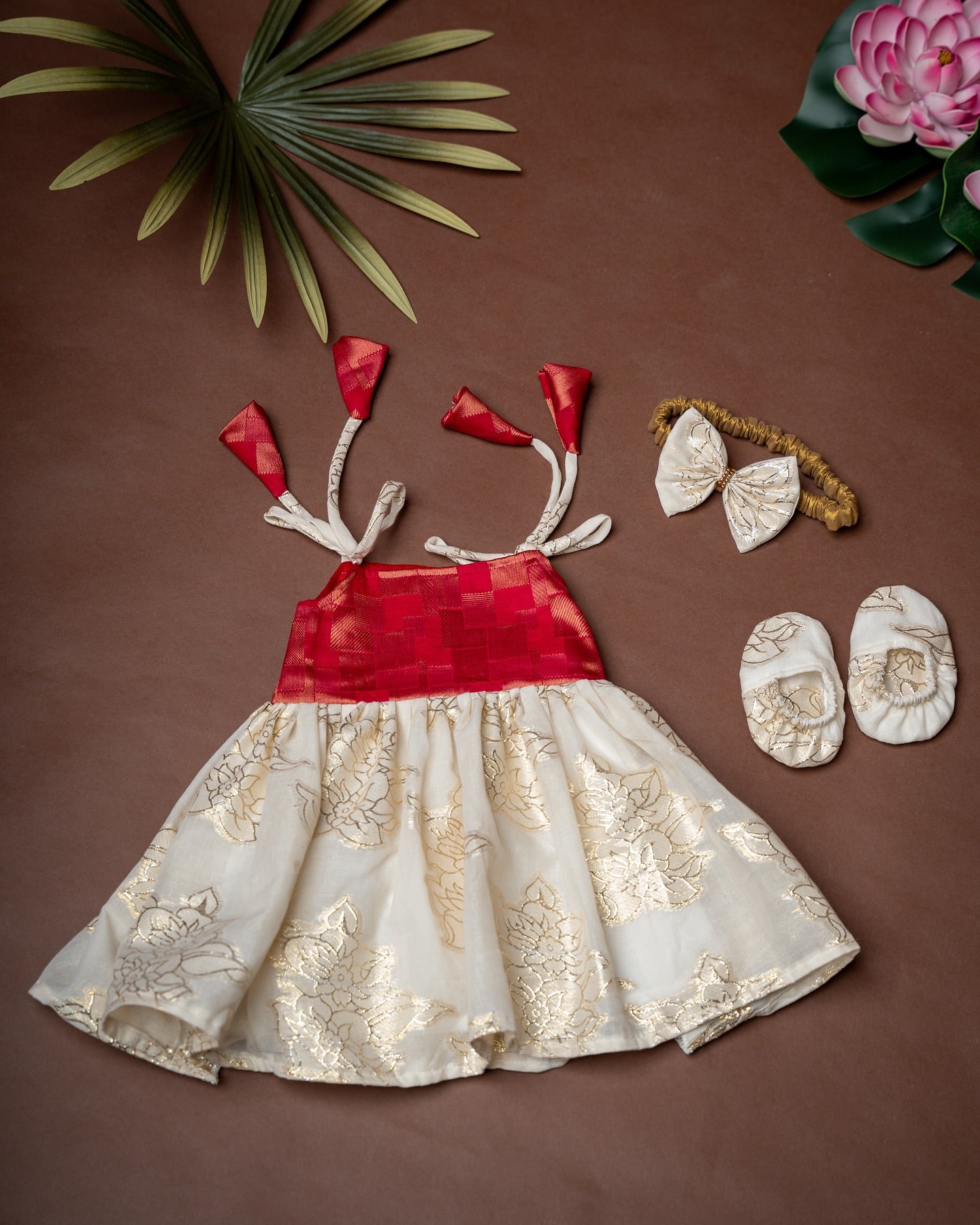 Traditional Noolukettu Kerala Frock Combo Set- Pink