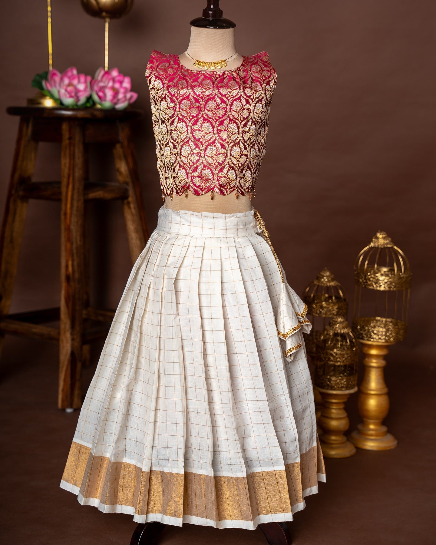 Royal Maroon Banarasi Scallop Design Top and Traditional Kerala Cotton Checked Design Skirt – Minmini Onam Collections