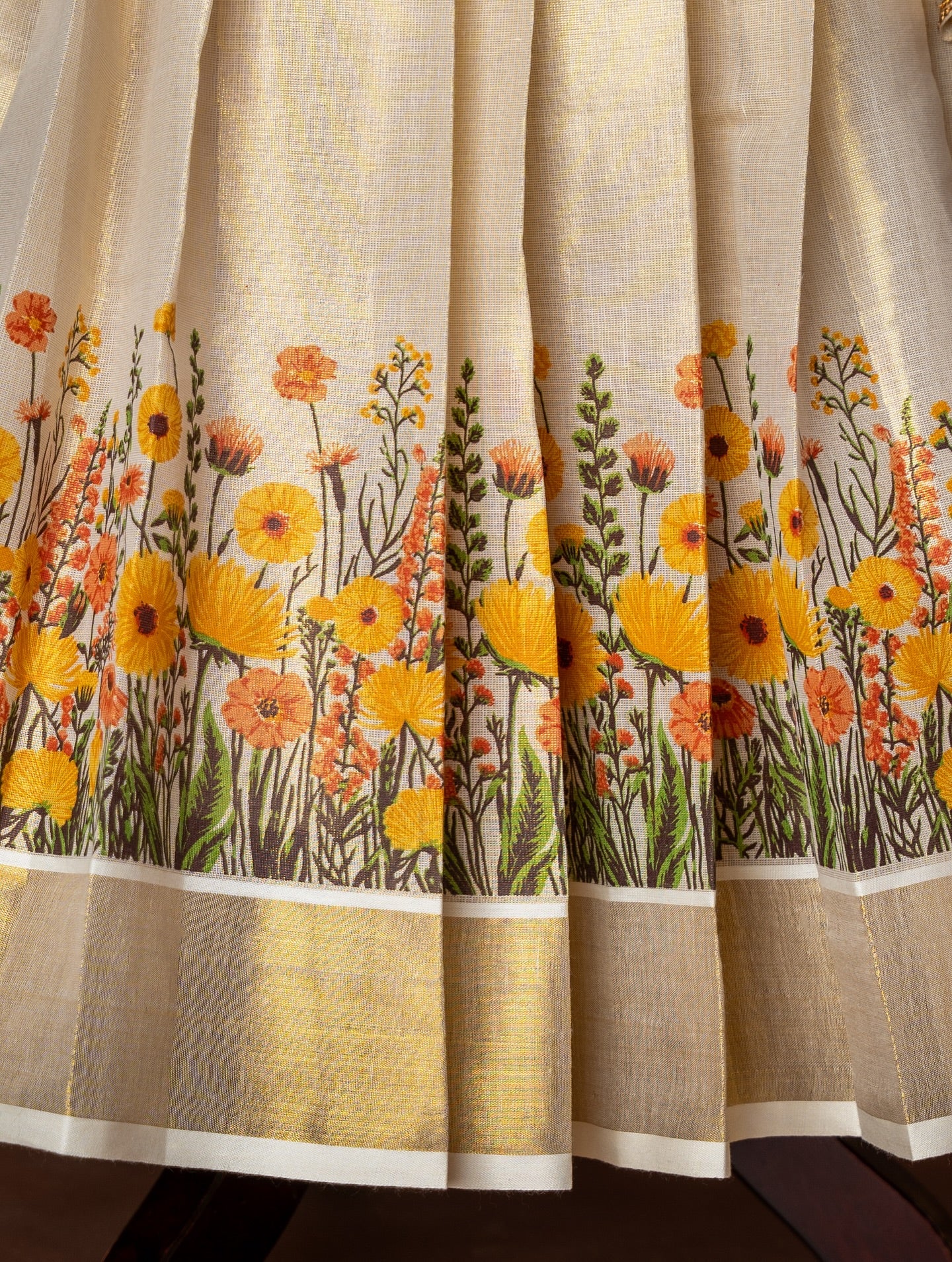 Orange Brocade Silk Top and Traditional Floral Motifs Kasavu Skirt – Minmini Onam Collections