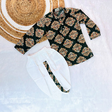 Dark Green Kurta and White Dhoti Set
