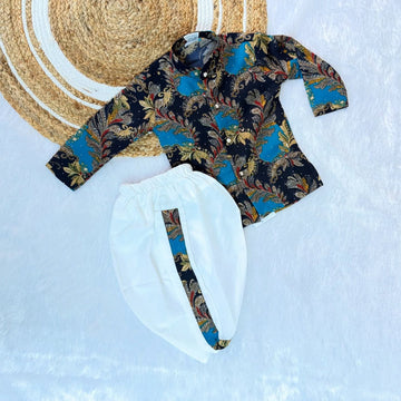 Dark Blue Kurta and White Dhoti Set