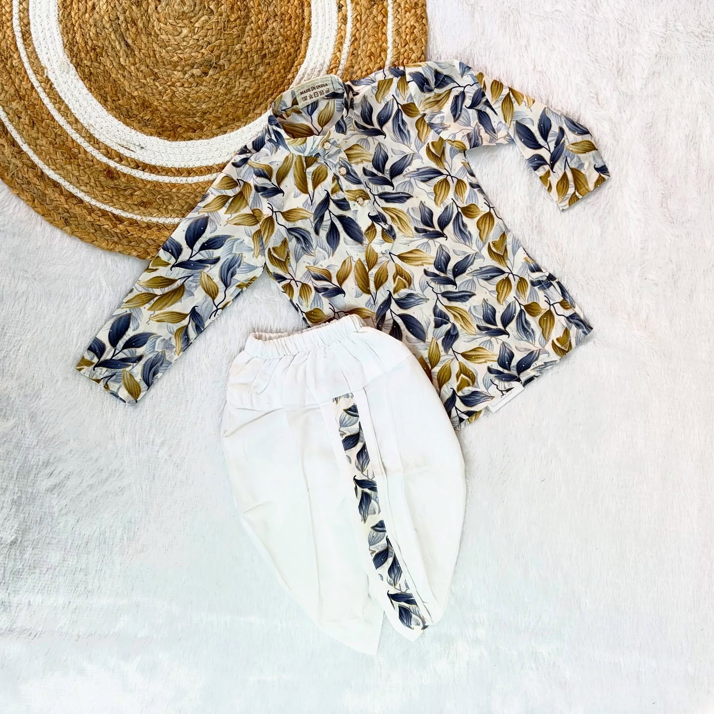 White Floral Kurta and White Dhoti Set