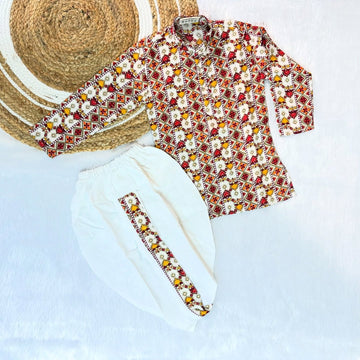 Red and White Ajrakh Kurta and White Dhoti Set