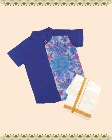 Blue Floral Panel Silk shirt with Pattu Vesti set for Boys