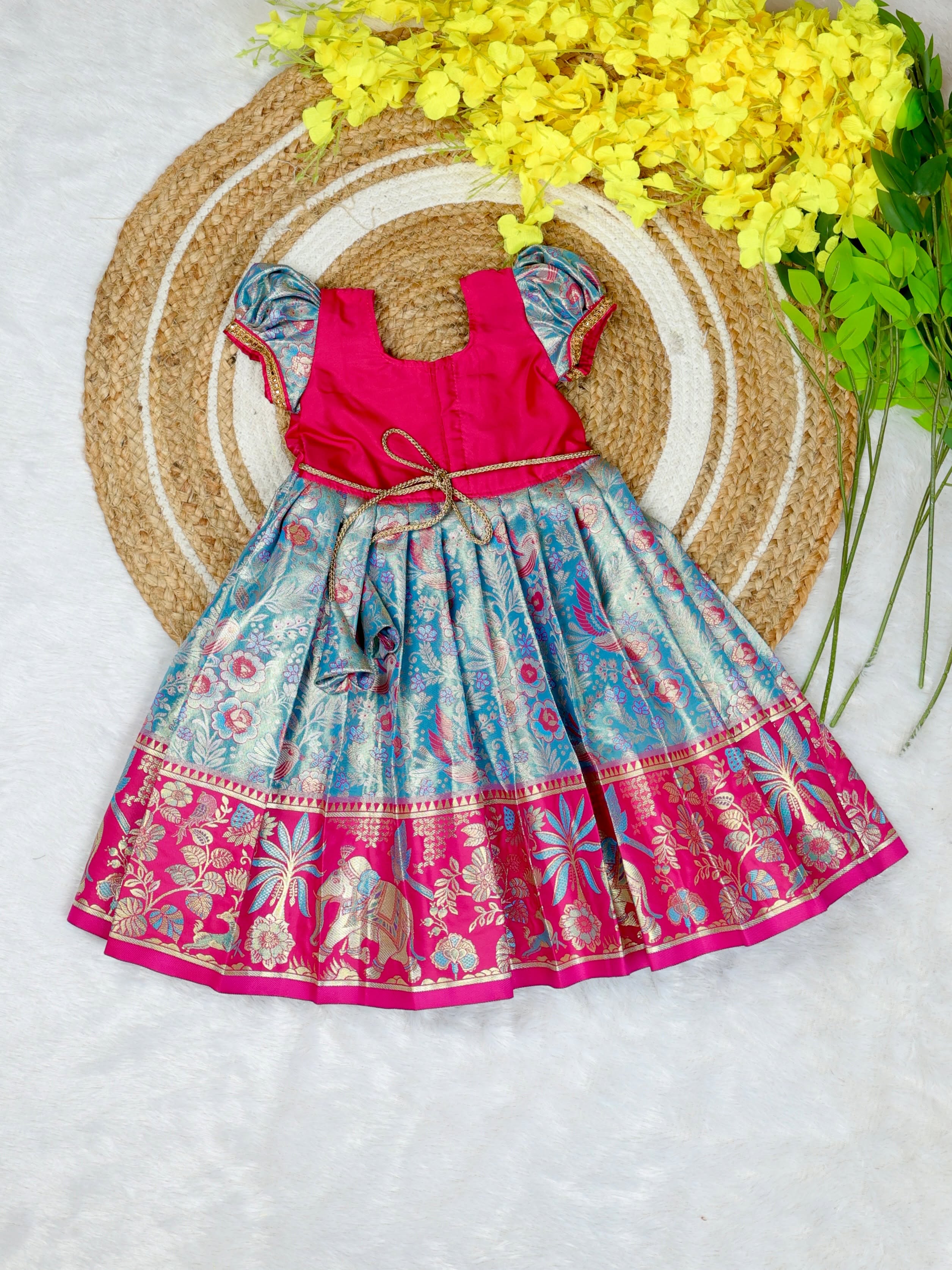 The Grand Festive Edit - Light Blue with Pink Border Rich and Premium Pattu Frock