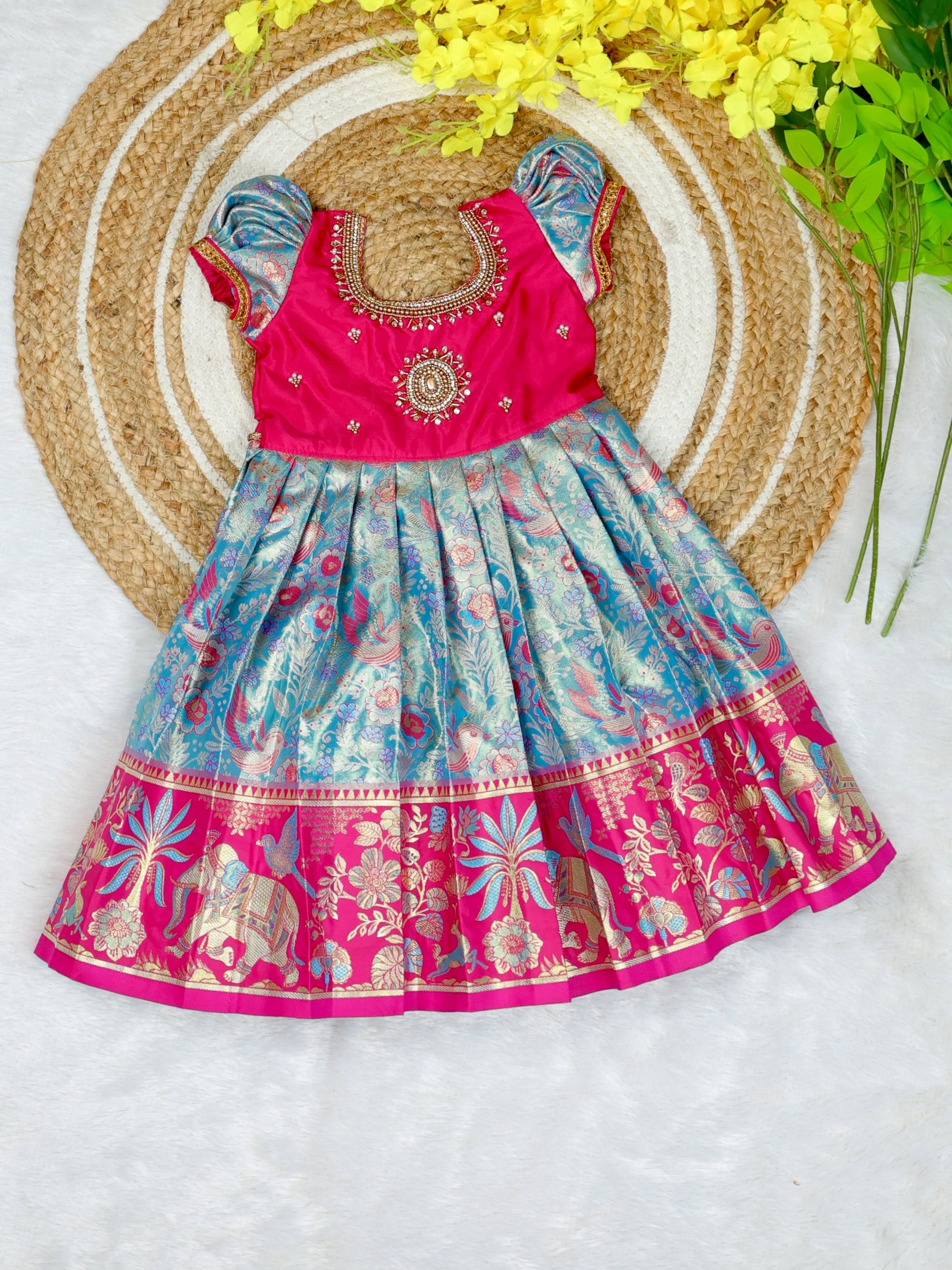 The Grand Festive Edit - Light Blue with Pink Border Rich and Premium Pattu Frock