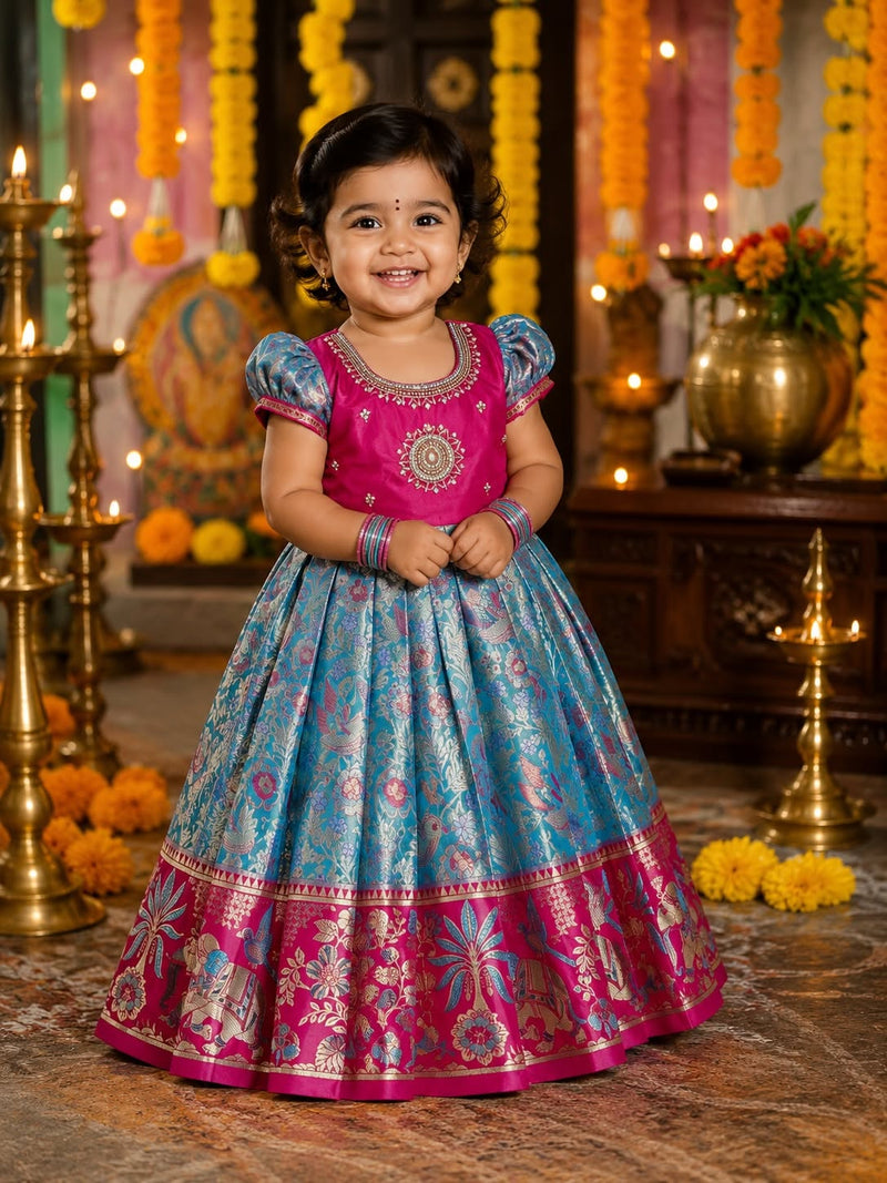 The Grand Festive Edit - Light Blue with Pink Border Rich and Premium Pattu Frock