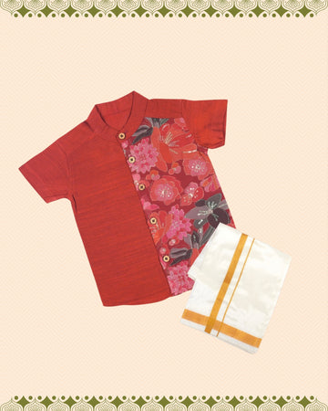 Brick Red Floral Panel Silk shirt with Pattu Vesti set for Boys