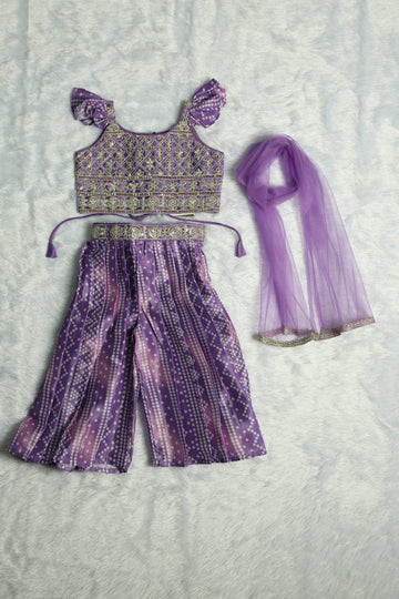 Lavender Bandhani Design Palazzo Pant and Crop Top