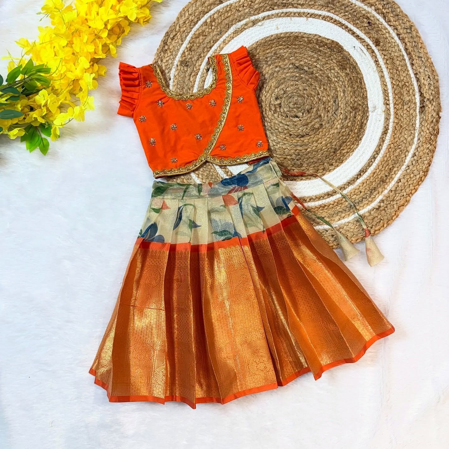 Orange and Cream Color Hand-Painted Banarasi Tissue Silk Pattu Paavadai Sattai