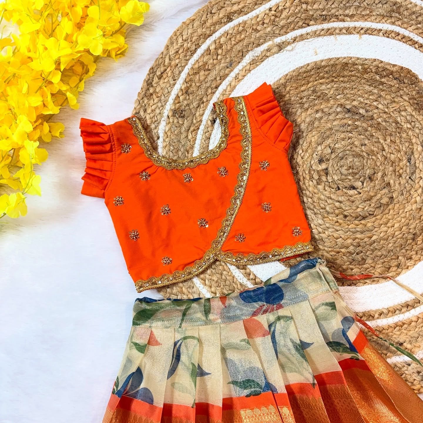 Orange and Cream Color Hand-Painted Banarasi Tissue Silk Pattu Paavadai Sattai