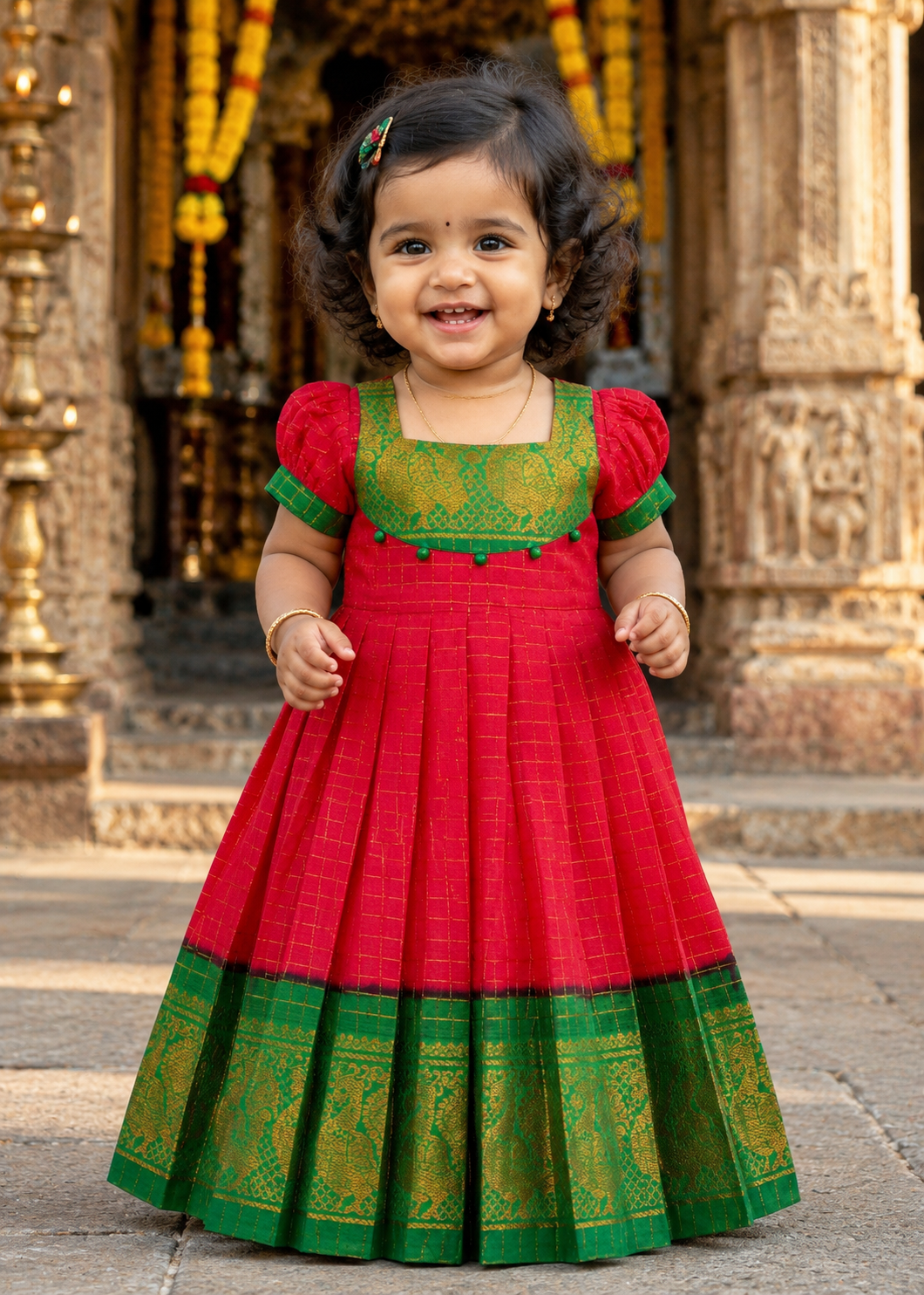 Pink and Green Border Sungudi Cotton Ethnic Frock