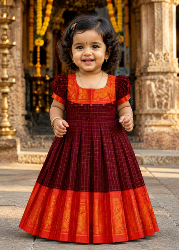 Maroon and Red Border Sungudi Cotton Ethnic Frock