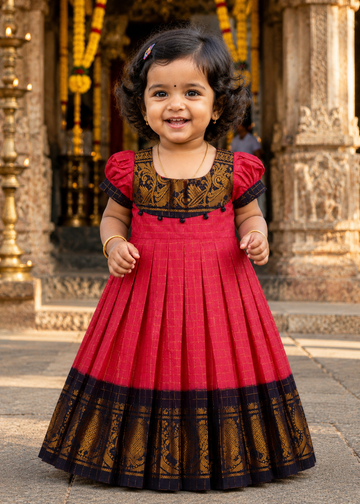 Pink and Dark Blue Border Sungudi Cotton Ethnic Frock