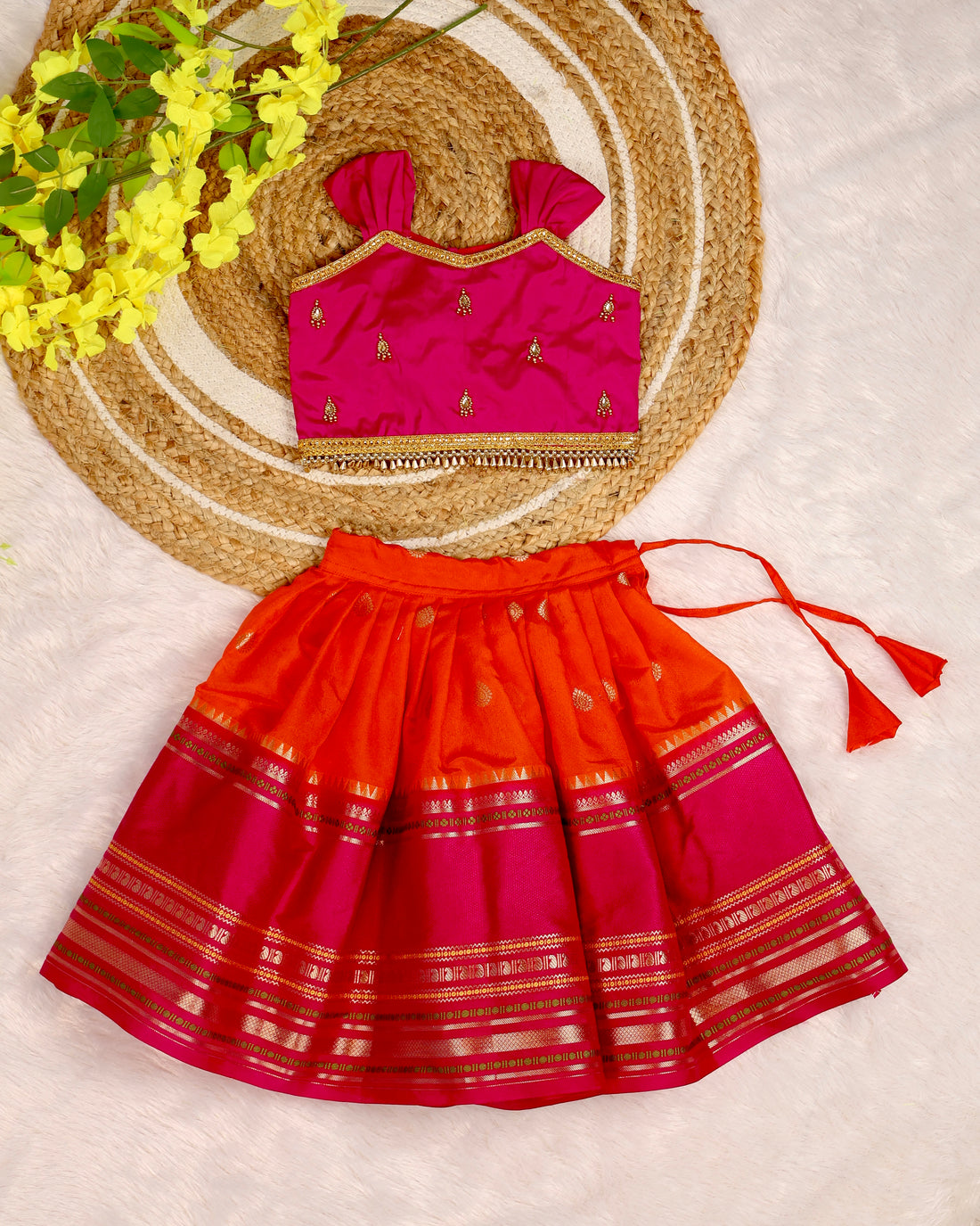 Premium Banarasi Silk Paavadai Sattai – Orange & Pink Combo