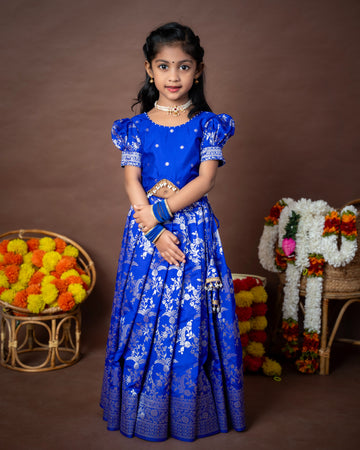 Royal Blue Banarasi Paavadai Sattai - Premium zari detailing