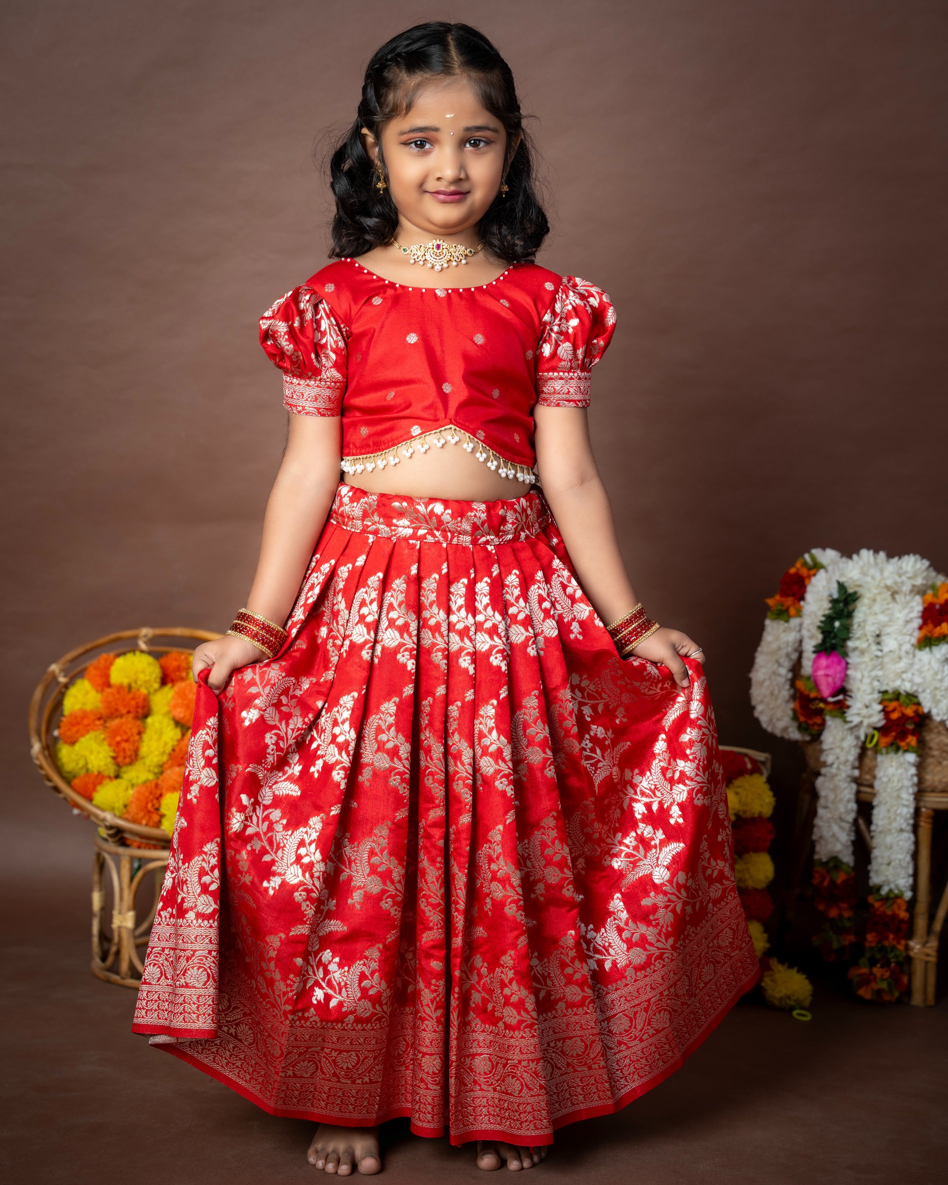 Red Banarasi Paavadai Sattai - Premium zari detailing