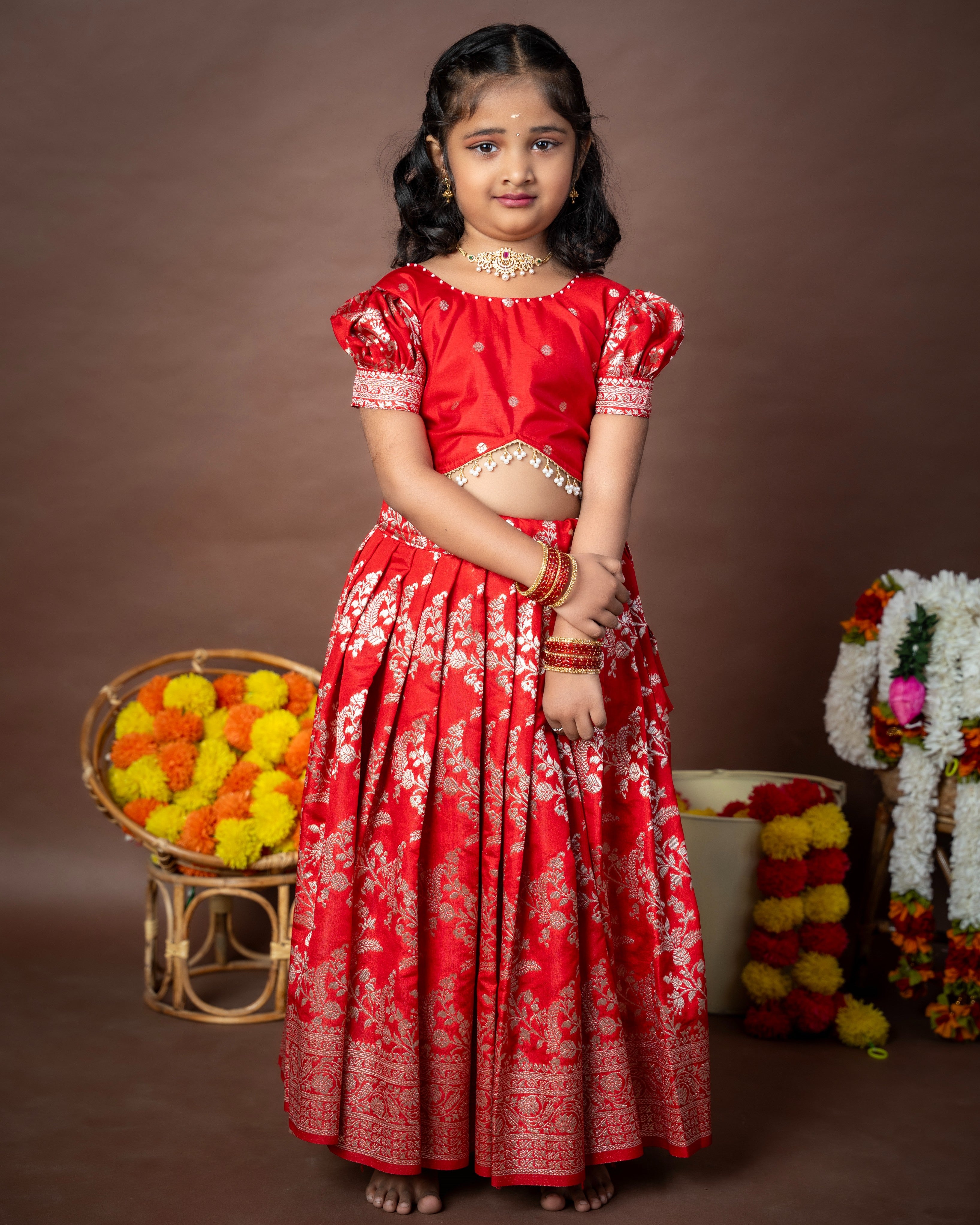 Red Banarasi Paavadai Sattai - Premium zari detailing