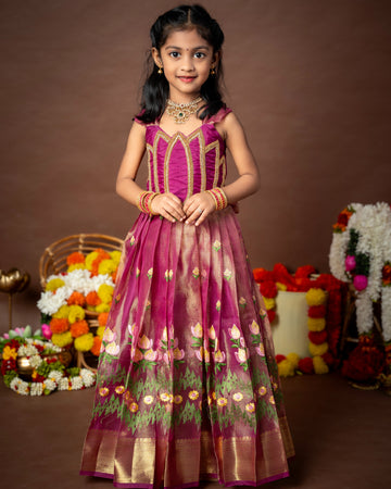 ROYAL KAMALAM - Lotus Aariwork Pink Tissue Embroidery Long Gown