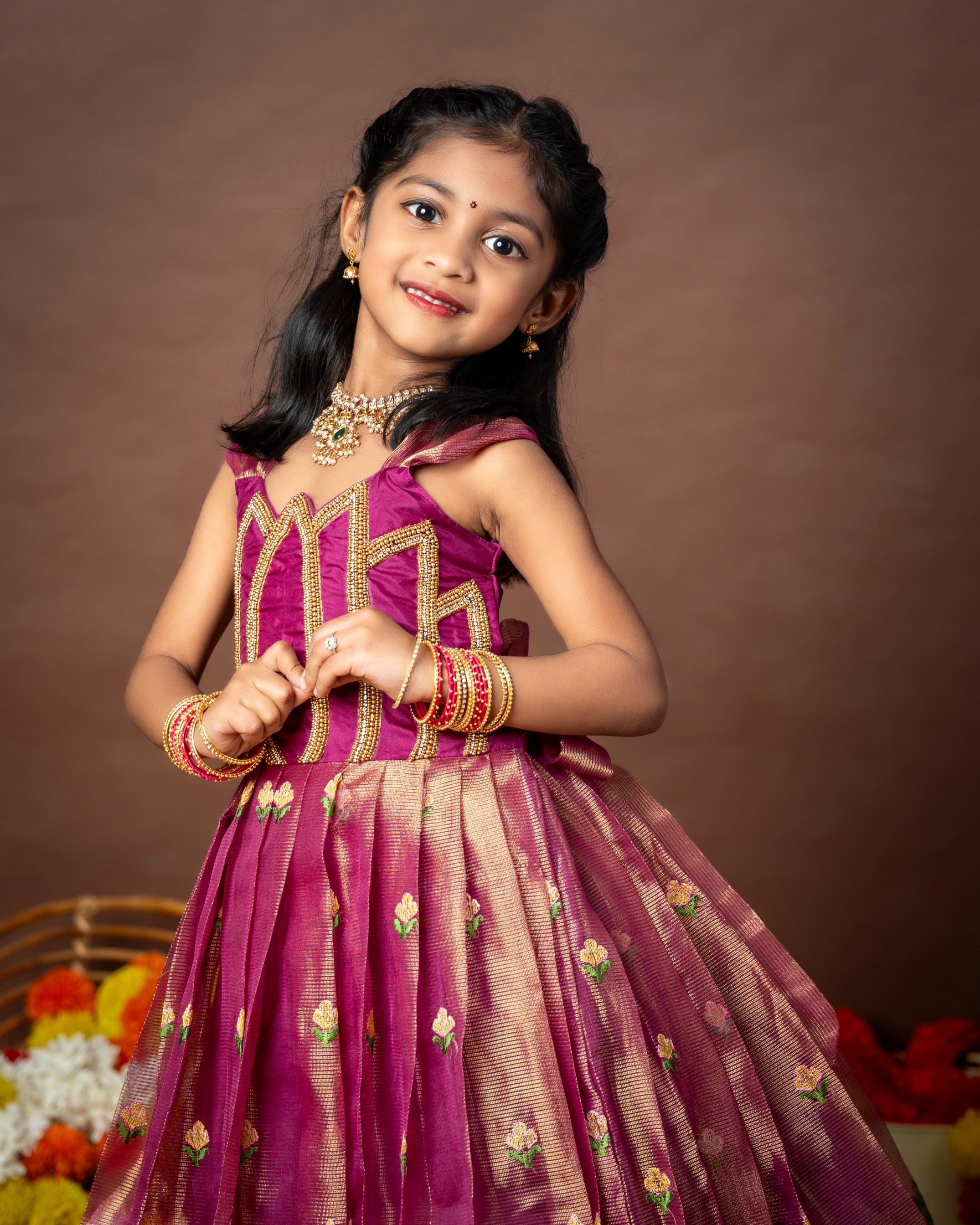 ROYAL KAMALAM - Lotus Aariwork Pink Tissue Embroidery Long Gown